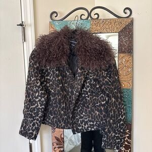 Leopard Print Faux Fur Collar Jacket